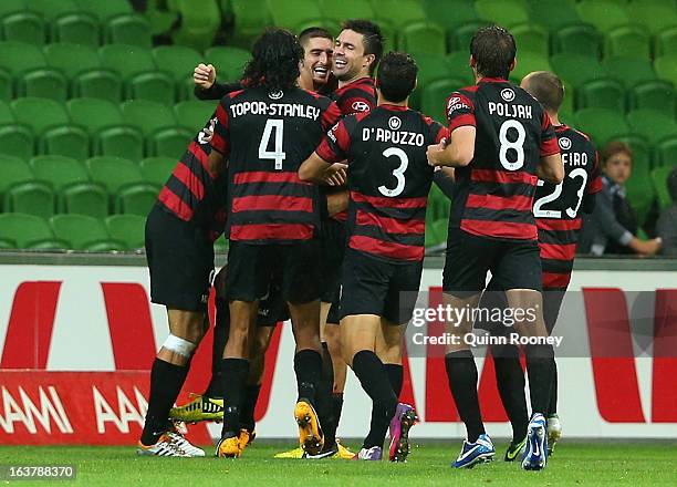 The Wanderers celebrate a goal during the round 25 A-League match between the Melbourne Heart and the Western Sydney Wanderers at AAMI Park on March...