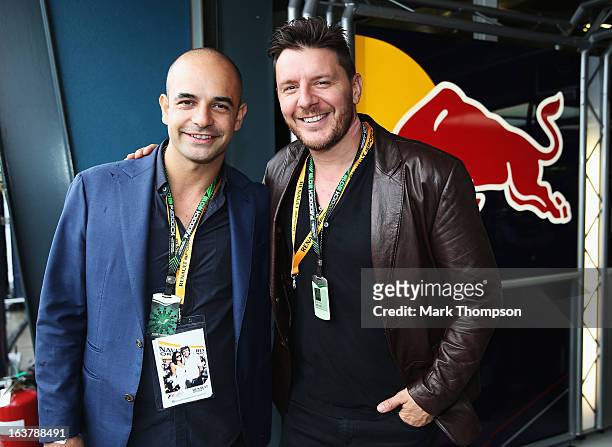 Adriano Zumbo and Manu Feildel visit the Infinti Red Bull Racing garage before qualifying for the Australian Formula One Grand Prix at the Albert...