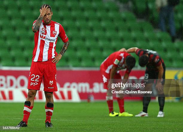 Nicholas Kalmar of the Heart looks dejected after losing the round 25 A-League match between the Melbourne Heart and the Western Sydney Wanderers at...