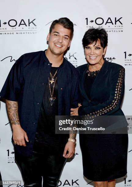 Rob Kardashian and Kris Jenner arrives at Rob Kardashian's 26th birthday celebration at 1 OAK Nightclub at The Mirage Hotel & Casino on March 15,...