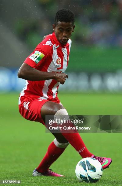 Golgol Mebrahtu of the Heart looks to pass the ball during the round 25 A-League match between the Melbourne Heart and the Western Sydney Wanderers...