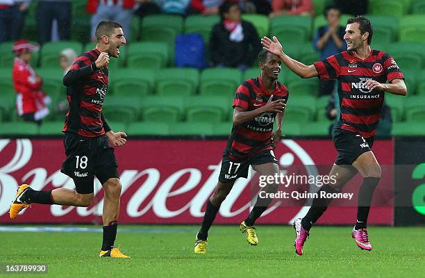 The Wanderers celebrate a goal during the round 25 A-League match between the Melbourne Heart and the Western Sydney Wanderers at AAMI Park on March...