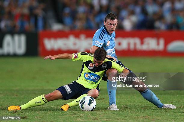 Marco Rojas of Victory and Sebastian Ryall of Sydney FC contest the ball during the round 25 A-League match between Sydney FC and the Melbourne...