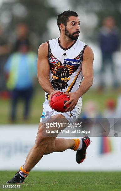 Paul Puopolo of the Hawks looks ahead with the ball during the AFL NAB Cup match between the North Melbourne Kangaroos and the Hawthorn Hawks at...