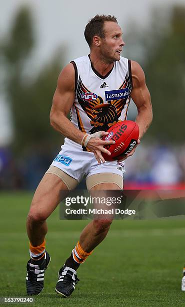 Brad Sewell of the Hawks looks ahead with the ball during the AFL NAB Cup match between the North Melbourne Kangaroos and the Hawthorn Hawks at...