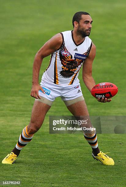 Shaun Burgoyne of the Hawks looks ahead with the ball during the AFL NAB Cup match between the North Melbourne Kangaroos and the Hawthorn Hawks at...