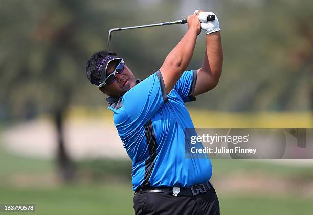 Kiradech Aphibarnrat of Thailand in action during day three of the Avantha Masters at Jaypee Greens Golf Club on March 16, 2013 in Delhi, India.