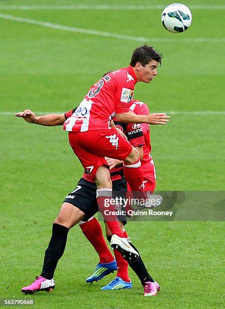 Jeremy Walker of the Heart heads the ball during the round 25 A-League match between the Melbourne Heart and the Western Sydney Wanderers at AAMI...