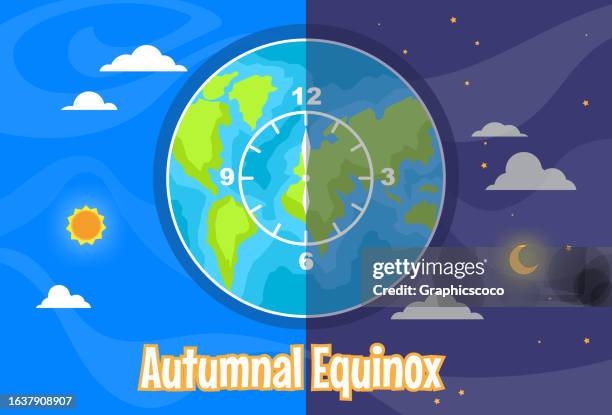 ilustraciones, imágenes clip art, dibujos animados e iconos de stock de celebrando el equilibrio de la naturaleza en el día del equinoccio de otoño. follaje, festivales y tradiciones - spring equinox