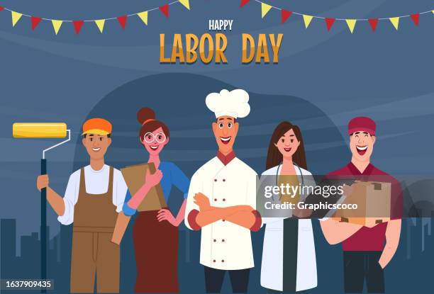 ilustraciones, imágenes clip art, dibujos animados e iconos de stock de feliz día del trabajo. varias ocupaciones trabajadores diversos personas de pie con herramienta en mano - día del trabajador