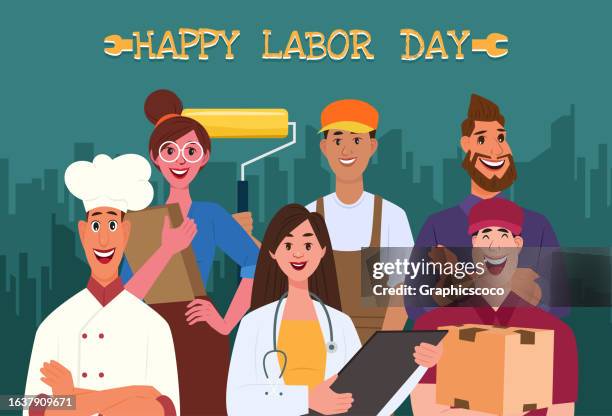 happy labor day. various occupations diverse workers people standing with tool in hand - diverse construction workers stock illustrations