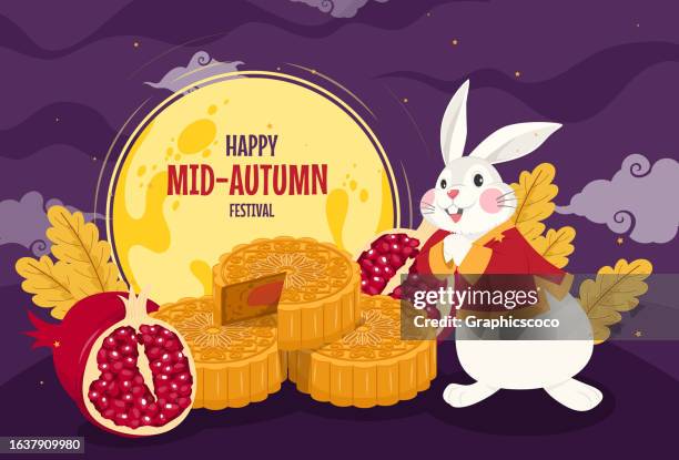 rabbit with mooncakes and pomegranates in chinese traditional mid-autumn festival - mooncake stock illustrations