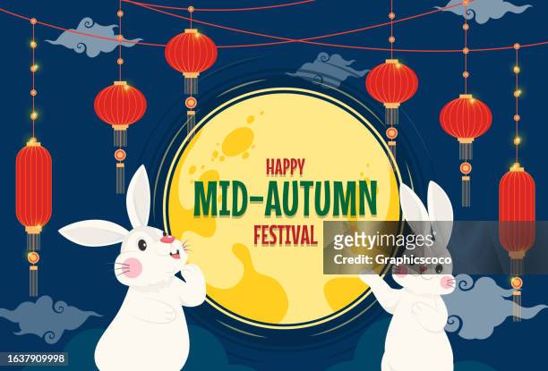 happy mid autumn festival illustration banner. cute rabbit with mooncakes and lantern - mooncake stock illustrations