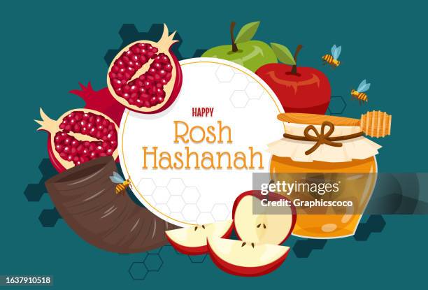 rosh hashanah day. jewish new years. design with honey, pomegranate and apples. - rosh hashanah 幅插畫檔、美工圖案、卡通及圖標