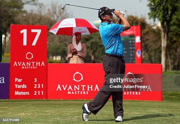 Adilson Da Silva of Brazil tees off on the 17th during day three of the Avantha Masters at Jaypee Greens Golf Club on March 16, 2013 in Delhi, India.