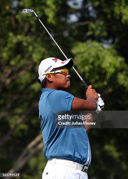 Chapchai Nirat of Thailand tees off during day three of the Avantha Masters at Jaypee Greens Golf Club on March 16, 2013 in Delhi, India.