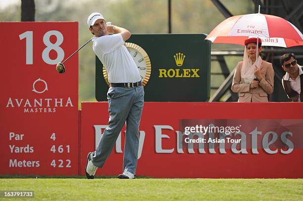 Thomas Aiken of South Africa in action during day 3 of the Avantha Masters at Jaypee Greens Golf Course on March 16, 2013 in Noida, India.