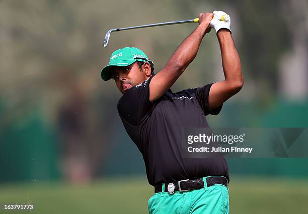 Anirban Lahiri of India in action during day three of the Avantha Masters at Jaypee Greens Golf Club on March 16, 2013 in Delhi, India.