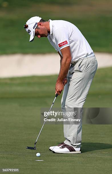 Julien Quesne of France putts during day three of the Avantha Masters at Jaypee Greens Golf Club on March 16, 2013 in Delhi, India.