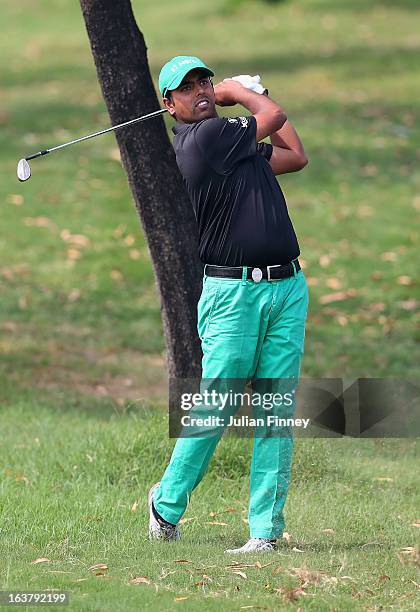 Anirban Lahiri of India in action during day three of the Avantha Masters at Jaypee Greens Golf Club on March 16, 2013 in Delhi, India.