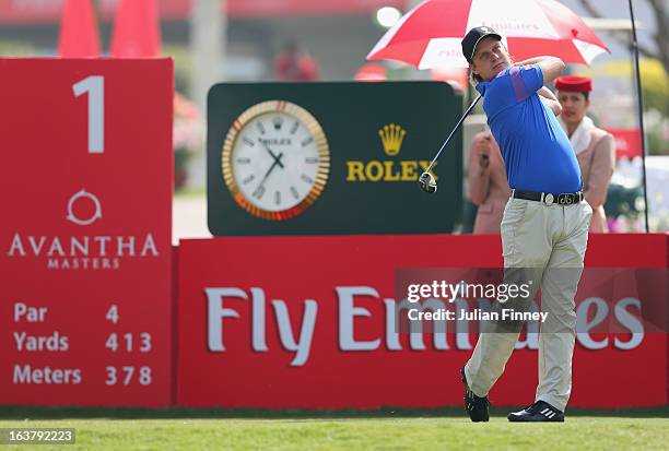 Jaakko Makitalo of Finland tees off on the first hole during day three of the Avantha Masters at Jaypee Greens Golf Club on March 16, 2013 in Delhi,...