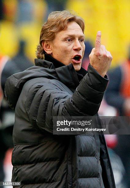 Head coach Valeri Karpin of FC Spartak Moscow gestures during the Russian Premier League match between FC Spartak Moscow and FC Lokomotiv Moscow at...