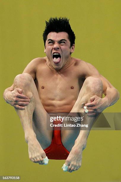 Yahel Castillo Huerta of Mexico competes in the Men's 3m springboard final during the day two of the FINA Diving World Series Beijing Station at the...