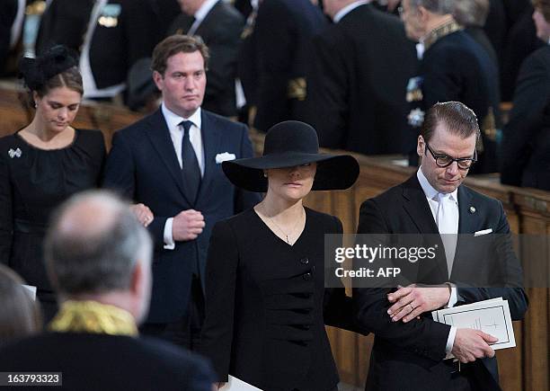 Sweden's Crown Princess Victoria and husband Prince Daniel , Swedish Princess Madeleine and her American fiancée Chris O'Neill leave the Royal Chapel...