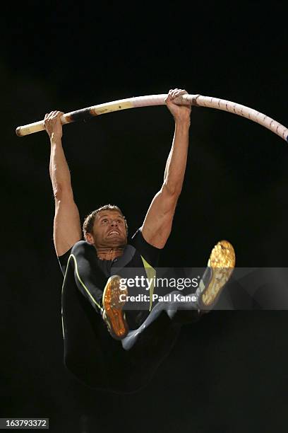 Brad Walker of the USA competes in the mens open pole vault during the Perth Track Classic at the WA Athletics Stadium on March 16, 2013 in Perth,...