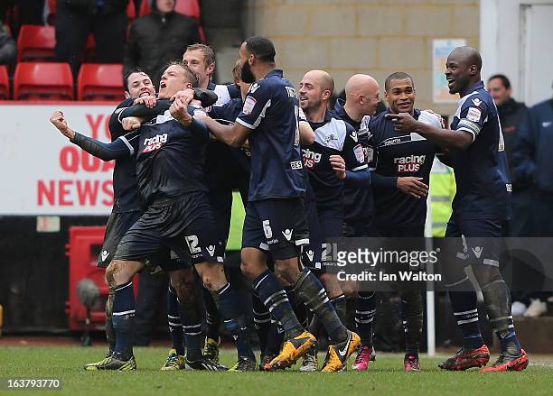 Shane Lowry of Millwall celebrates scoring the first goal during the npower Championship match between Charlton Athletic and Millwall at The Valley...