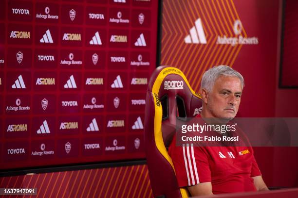 Roma coach Josè Mourinho during a press conference at Centro Sportivo Fulvio Bernardini on August 25, 2023 in Rome, Italy.