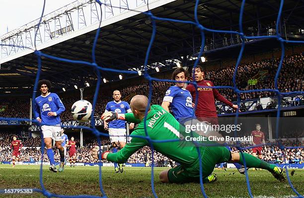 Jan Mucha of Everton saves the attempt on goal of Carlos Tevez of Manchester City during the Barclays Premier League match between Everton and...