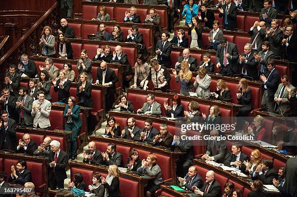 Deputies of centre-left coalition 'Italia Bene Comune' claps their hands as Laura Boldrini is nominated the new President of the Chambers of Deputies...