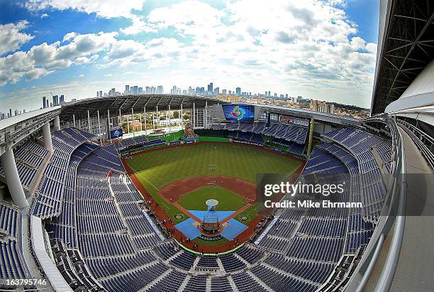 General view of Marlins Park before a World Baseball Classic second round game between the Dominican Republic and Puerto Rico at Marlins Park on...