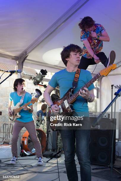 Musicians Mathieu Santos, Milo Bonacci, and Wes Miles of Ra Ra Riot perform onstage during FILTER on Rainey St. At Clive Bar as part of the 2013 SXSW...