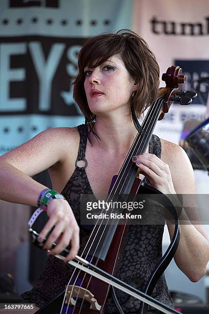 Cellist Emily Brausa of Ra Ra Riot performs onstage during FILTER on Rainey St. At Clive Bar as part of the 2013 SXSW Music, Film + Interactive...