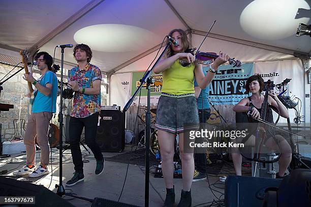 Musicians Mathieu Santos, Wes Miles, Rebecca Zeller and Emily Brausa of Ra Ra Riot perform onstage during FILTER on Rainey St. At Clive Bar as part...