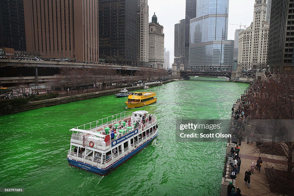 Chicago River Dyed Green In St. Patrick's Day Tradition