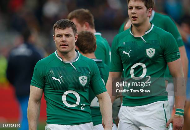 Brian O'Driscoll of Ireland walks off after losing to Italy during the RBX Six Nations match between Italy and Ireland at Stadio Olimpico on March...