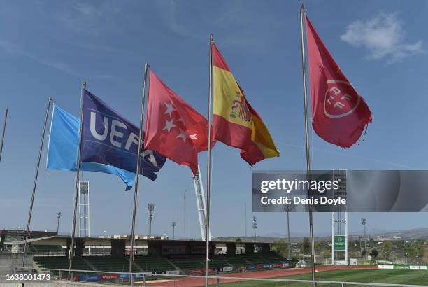 General view of the headquarters of the Spanish FA showing the flags of UEFA, Community of Madrid, Spain and the FA before an expected resignation of...