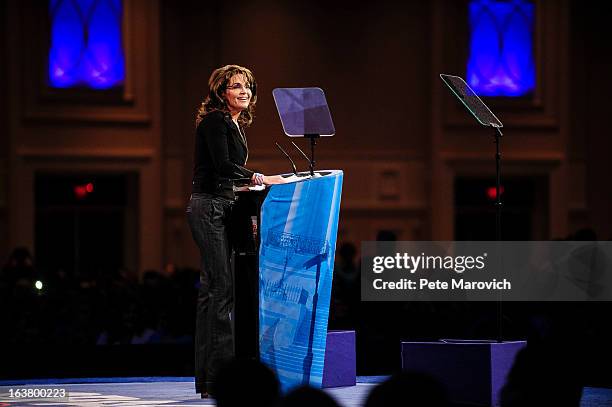 Sarah Palin, former Governor of Alaska, speaks at the 2013 Conservative Political Action Conference March 16, 2013 in National Harbor, Maryland. The...
