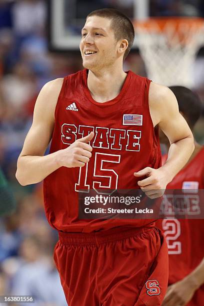 Scott Wood of the North Carolina State Wolfpack reacts in the first half while taking on the Miami Hurricanes during the men's ACC Tournament...