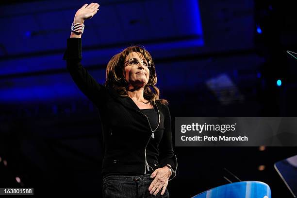 Sarah Palin, former Governor of Alaska, waves at the 2013 Conservative Political Action Conference March 16, 2013 in National Harbor, Maryland. The...