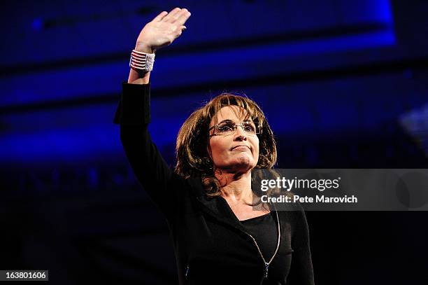 Sarah Palin, former Governor of Alaska, waves at the 2013 Conservative Political Action Conference March 16, 2013 in National Harbor, Maryland. The...