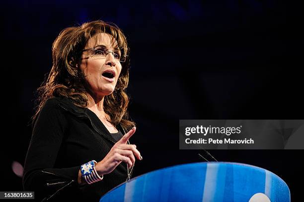 Sarah Palin, former Governor of Alaska, speaks at the 2013 Conservative Political Action Conference March 16, 2013 in National Harbor, Maryland. The...