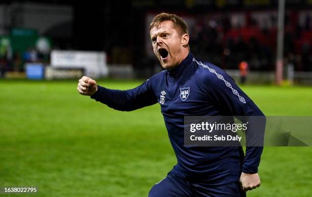 Dublin , Ireland - 1 September 2023; Shelbourne manager Damien Duff celebrates after his side's victory in the SSE Airtricity Men's Premier Division...