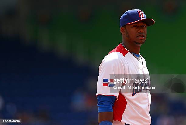 Hanley Ramirez of the Dominican Republic looks on during a World Baseball Classic second round game against Puerto Rico at Marlins Park on March 16,...