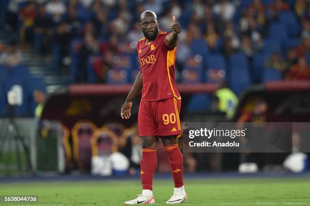 Romelu Lukaku of AS Roma gestures during the Serie A soccer match between AS Roma and AC Milan at Stadio Olimpico on September 1,2023 in Rome Italy