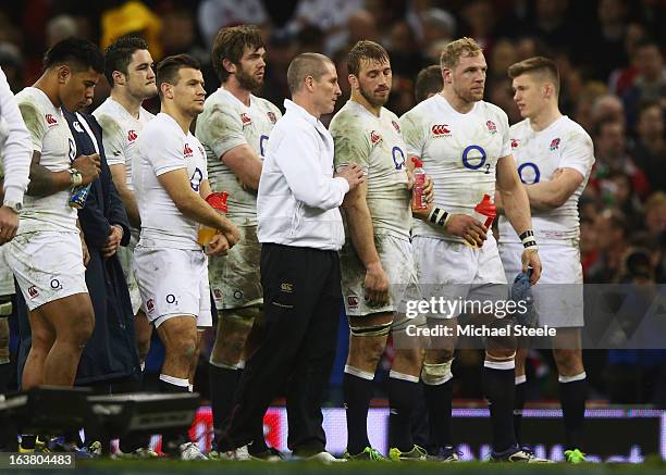 Chris Robshaw of England is consoled by head coach Stuart Lancaster after the RBS Six Nations match between Wales and England at Millennium Stadium...