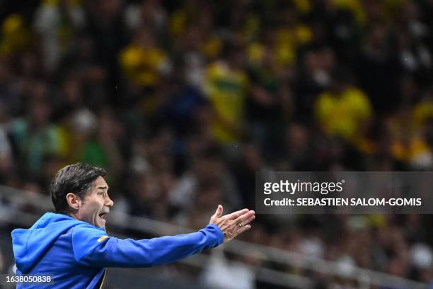Marseille's Spanish head coach Marcelino Garcia Toral reacts from the sidelines during the French L1 football match between FC Nantes and Marseille...